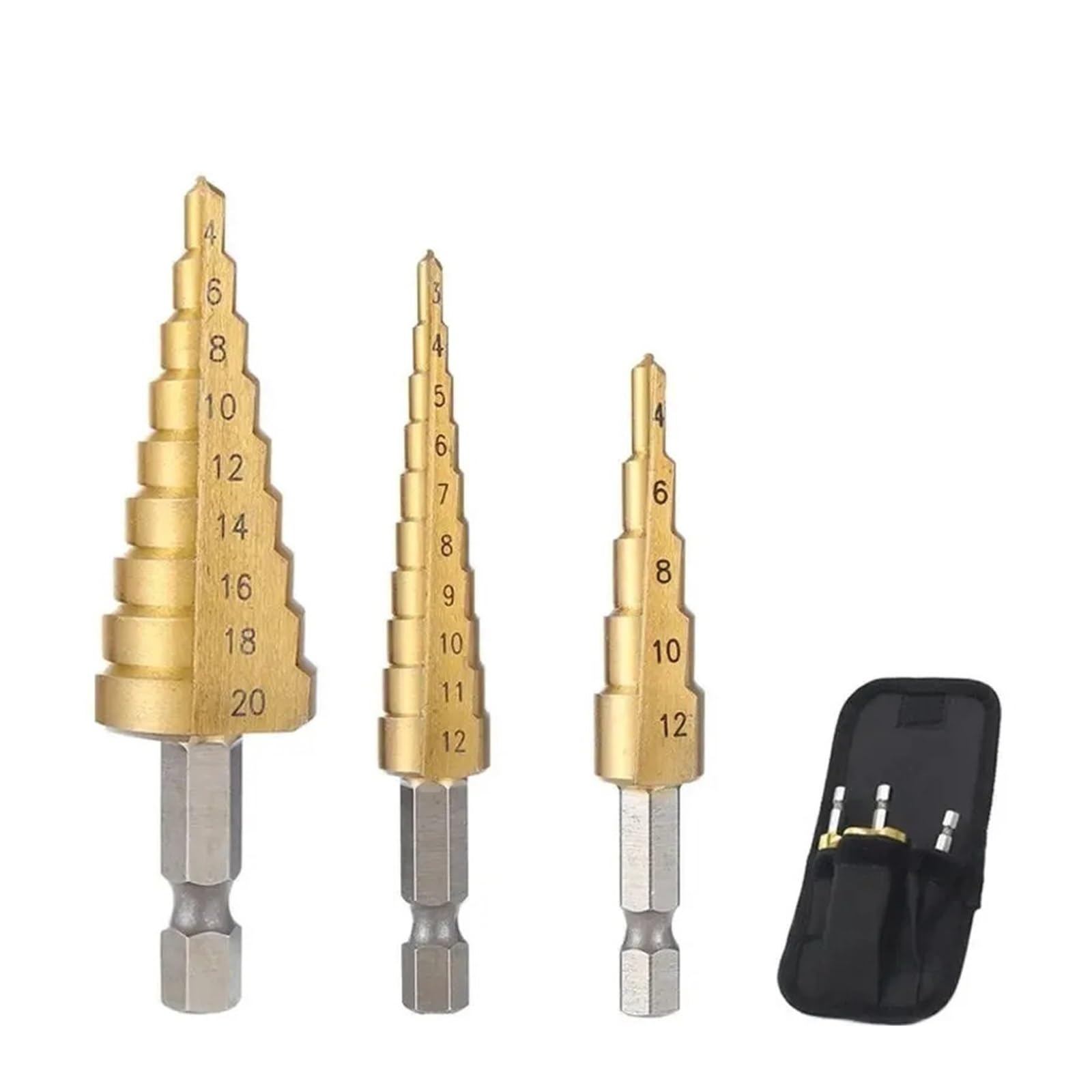 Broca escalonada cónica HSS recubierta de titanio | Herramienta de perforación multiusos for madera y metal de 4-20/4-32 mm(3pcs with bag)