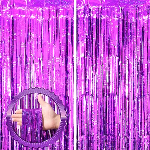 Image of Voircoloria 2 Pack Purple Tinsel Foil Fringe Curtains, Purple Party Decorations, Metallic Tinsel Party Streamers Backdrop for Halloween Mermaid Bachelorette Graduation Party Decorations