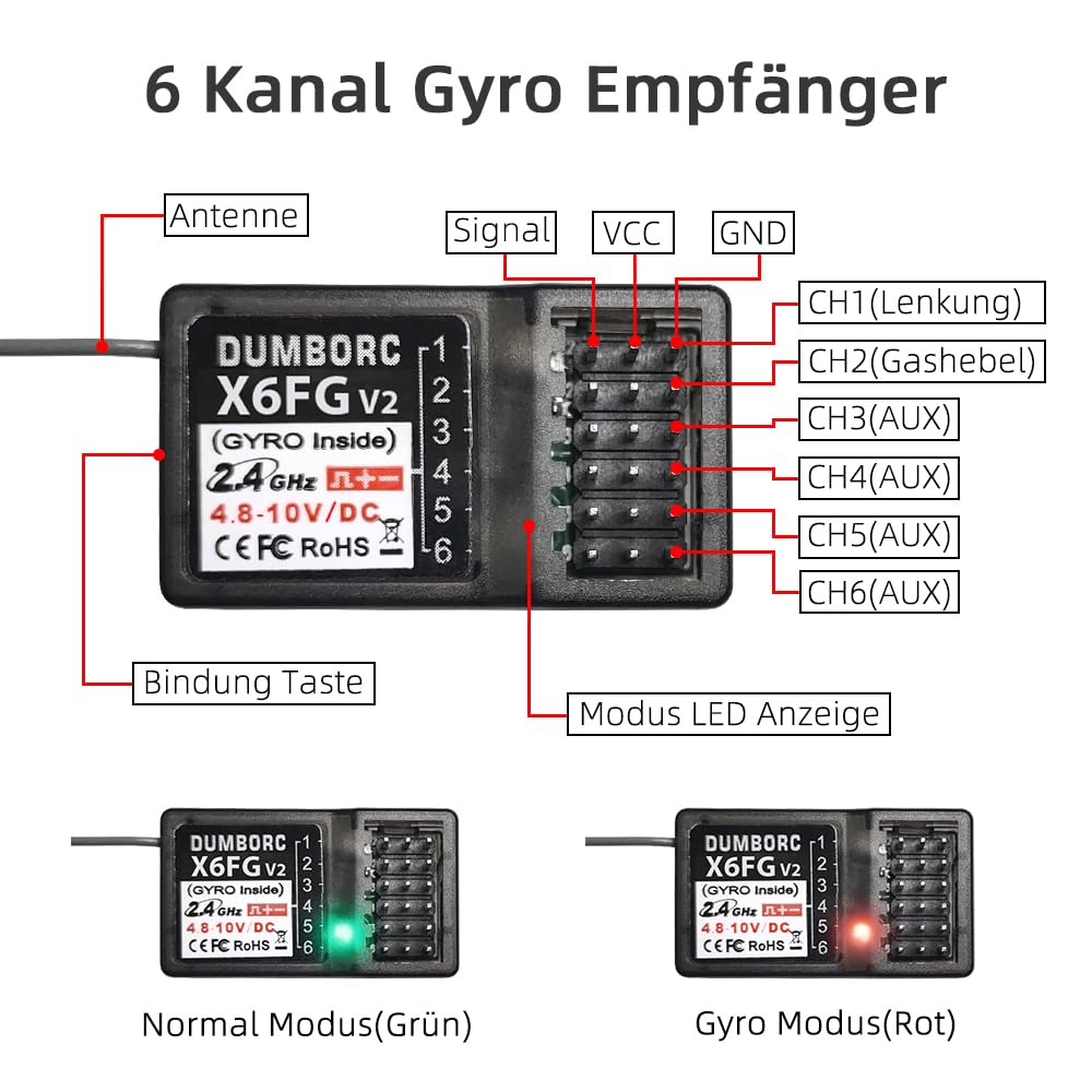 DUMBORC 2 Stück X6FG (eingebauter Gyro) 6 Kanäle 2,4GHz RC Empfänger | DUMBORC X6, X4, X5 Sender, RC Auto, Boot, Panzer, Drifting Auto