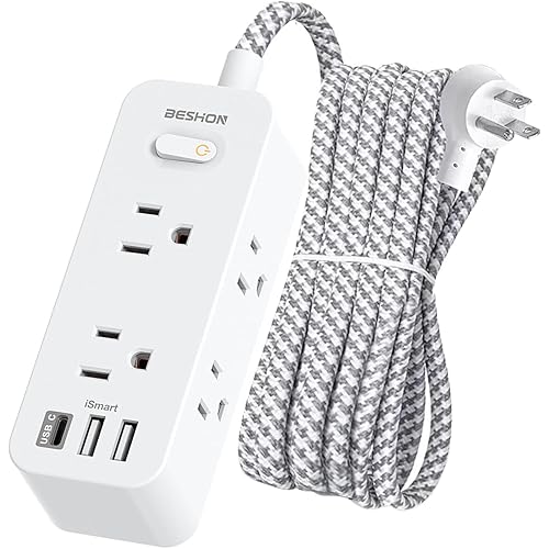 BESHON 10 FT Extension Cord, Surge Protector Power Strip with 6 Widely AC Outlets 3 USB Ports(1 USB C),3-Side Outlet Extender, Flat Plug, Wall Mount for Home, Office,Travel and Dorm Essential