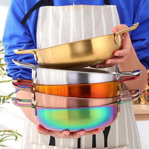 Stainless Steel Dinner Plates Set, 2 Pieces Gold Dessert Salad Plates Set Small Pot，Reusable Korean Ramen Bowl, 8.3 Inch Metal Plate For Camping, Home Kitchen, Induction Cooker,Dishwasher Safe #TOP5