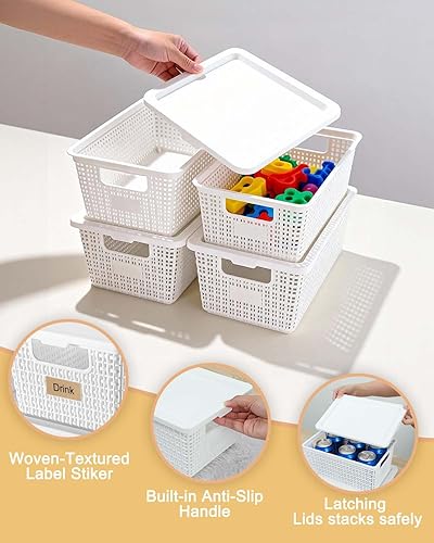 Miniatura 3 de Cestas de almacenamiento de plástico con tapas [paquete de 6] – Contenedores organizadores apilables con tapas seguras a presión para despensa, baño