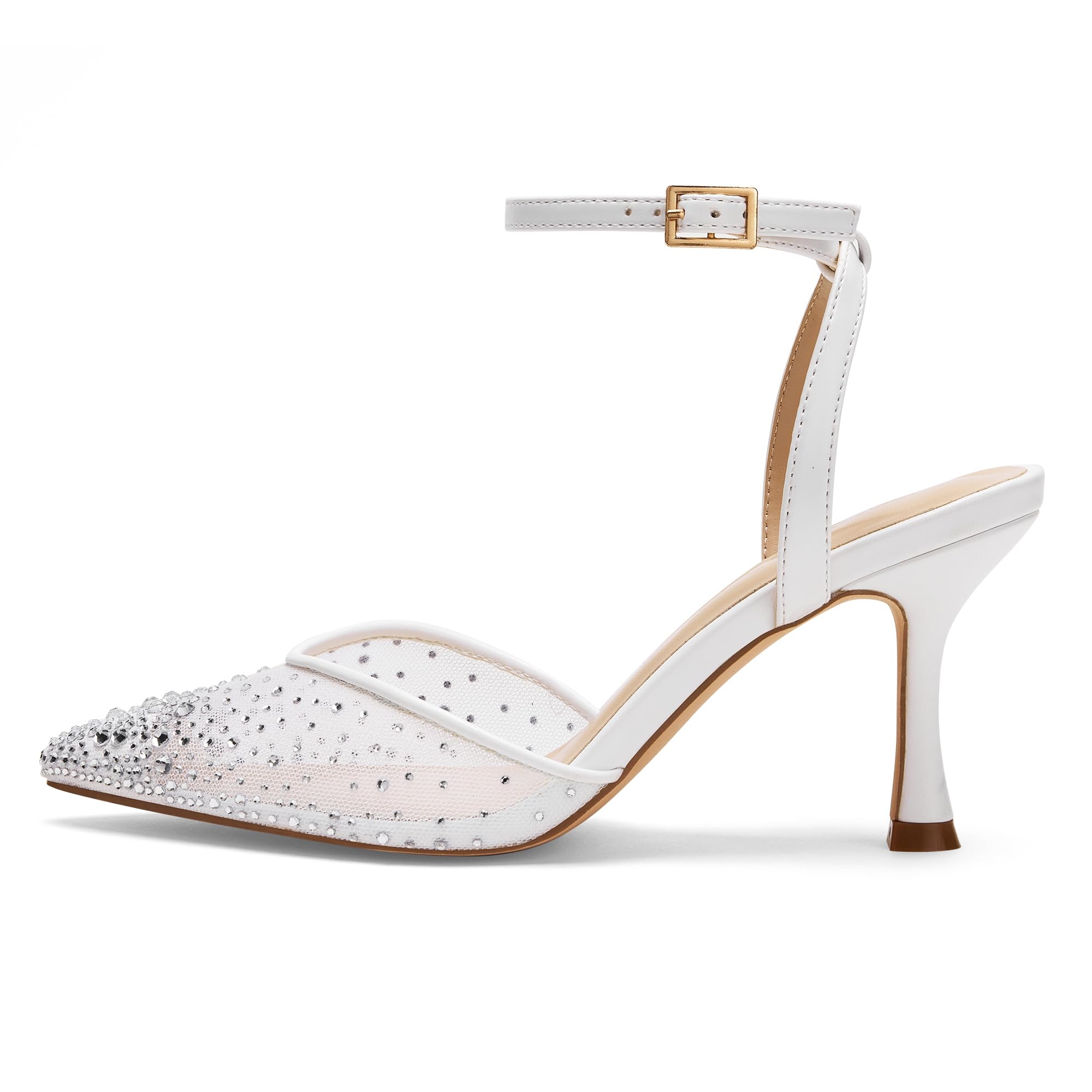 Zhabtuc Damen Tacchi 8 cm Strass Pumps Punta Spillo Mesh Glitter Cinturino Caviglia Slingback Kitten Heel Scarpe da Sera Matrimonio Sposa
