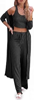 Fessceruna Women's 3-Piece Lounge Pajama Set with Cardigan, Tank & Wide-Leg Pants