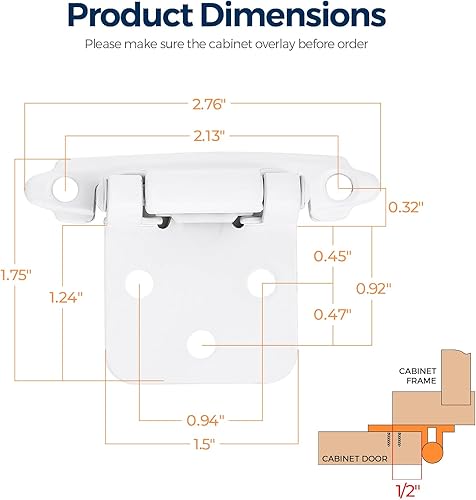 Vista 14 de Ravinte Paquete de 50 (25 pares) de bisagras superpuestas de 1/2 pulgada (variables), montaje frontal semicimoterminente de cierre automático