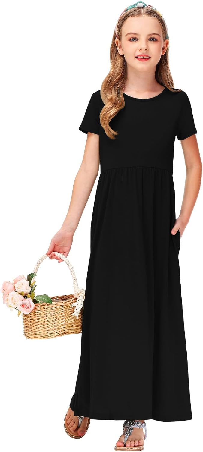 Deerose Girls Maxi Dresses Holiday Long Dress Short Sleeve with Pockets 5-14 Years - Image 4