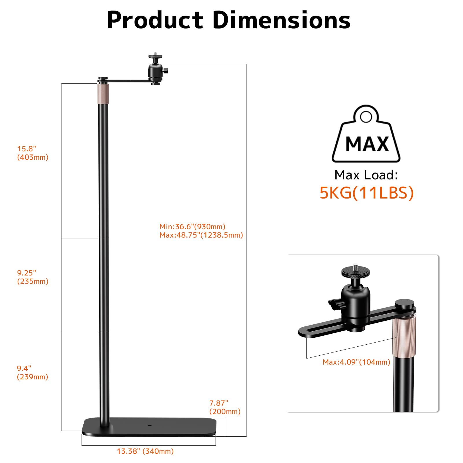 PUTORSEN Support projecteur, Hauteur réglable 92,4-123,4 cm, Rotation 360°, Capacité 5 kg