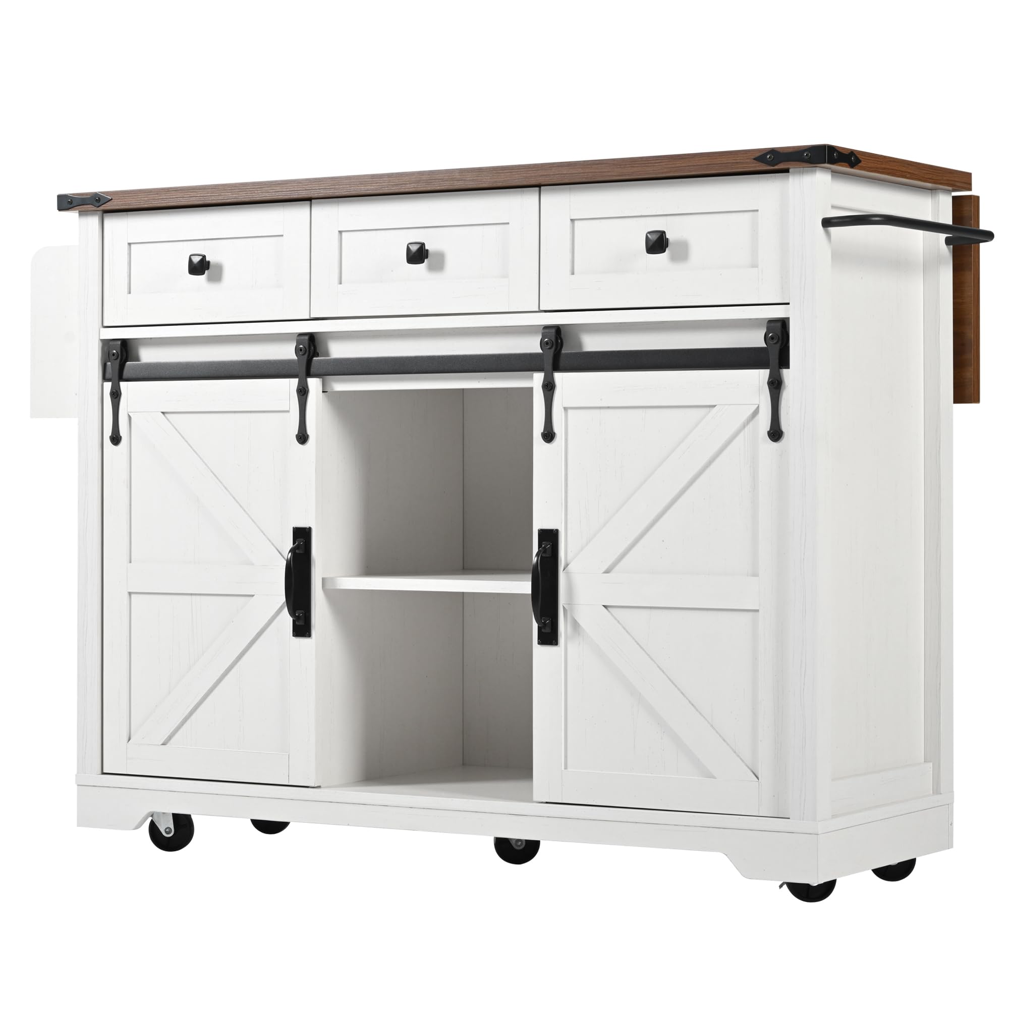 Isola della Cucina, Carrello da Portata Con Piano di Lavoro Estraibile, Su Ruote, Armadio Con Ante e Cassetti (Due Ante+Tre)