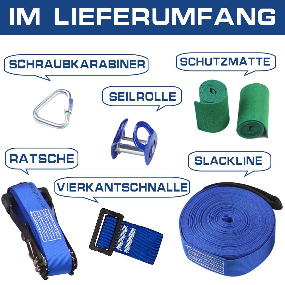 Slackline Set con Puleggia 15 m Linea Slackline Pully Accessori per Ninja Parcours