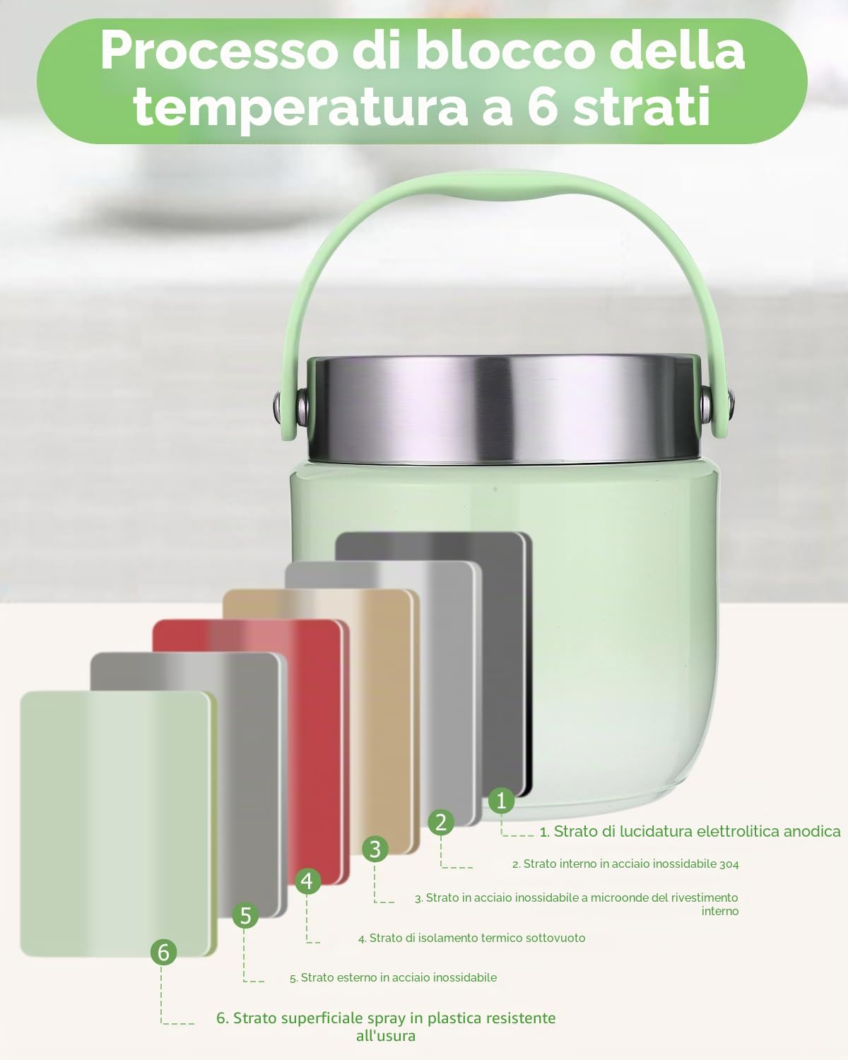 Contenitore termico per alimenti, 1200 ml, ciotola termica con coperchio, contenitore in acciaio inox con cucchiaio pieghevole, contenitore termico per bambini, adulti, per conservare zuppe, porridge