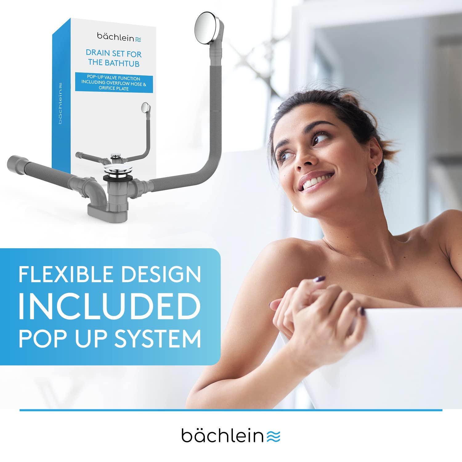 Bächlein pop-up Bond do wanny, funkcja pop-up z sitami do czystego odpływu wanny, kompletny zestaw z elastycznym przelewem, osłoną przelewu i syfonem