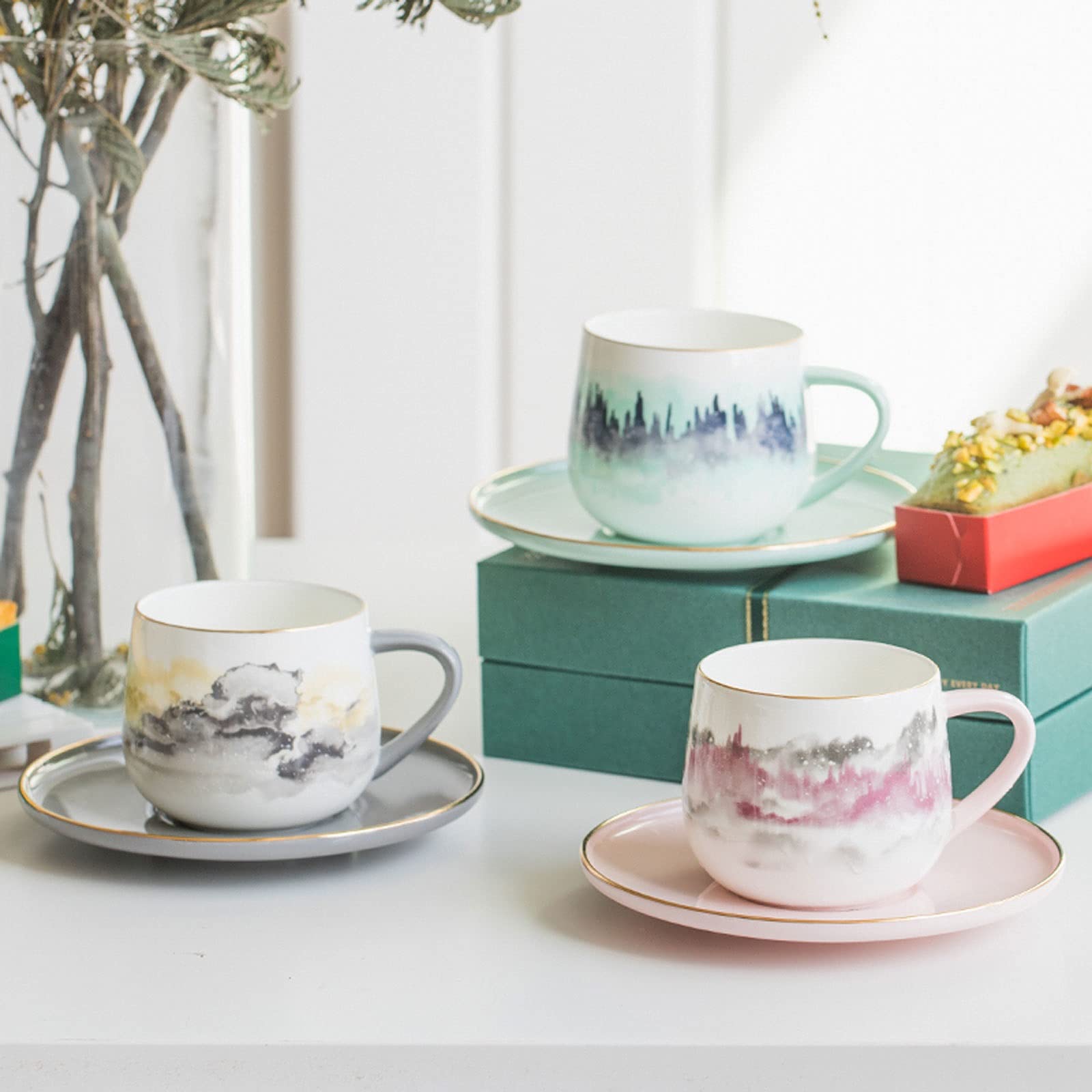Ceramiczna filiżanka do kawy zestaw filiżanek i spodków 5.1 uncji Vintage Art zestaw kubków do kawy małe kubki do kawy