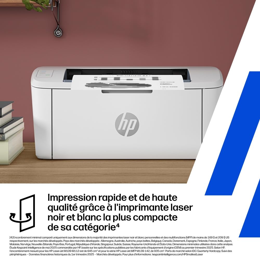 HP LaserJet M110w, 7MD66F, Imprimante laser monochrome A4 à fonction unique, Impression recto verso manuelle en noir et blanc, 20 ppm, ADF, Wi-Fi, HP Smart, Blanche