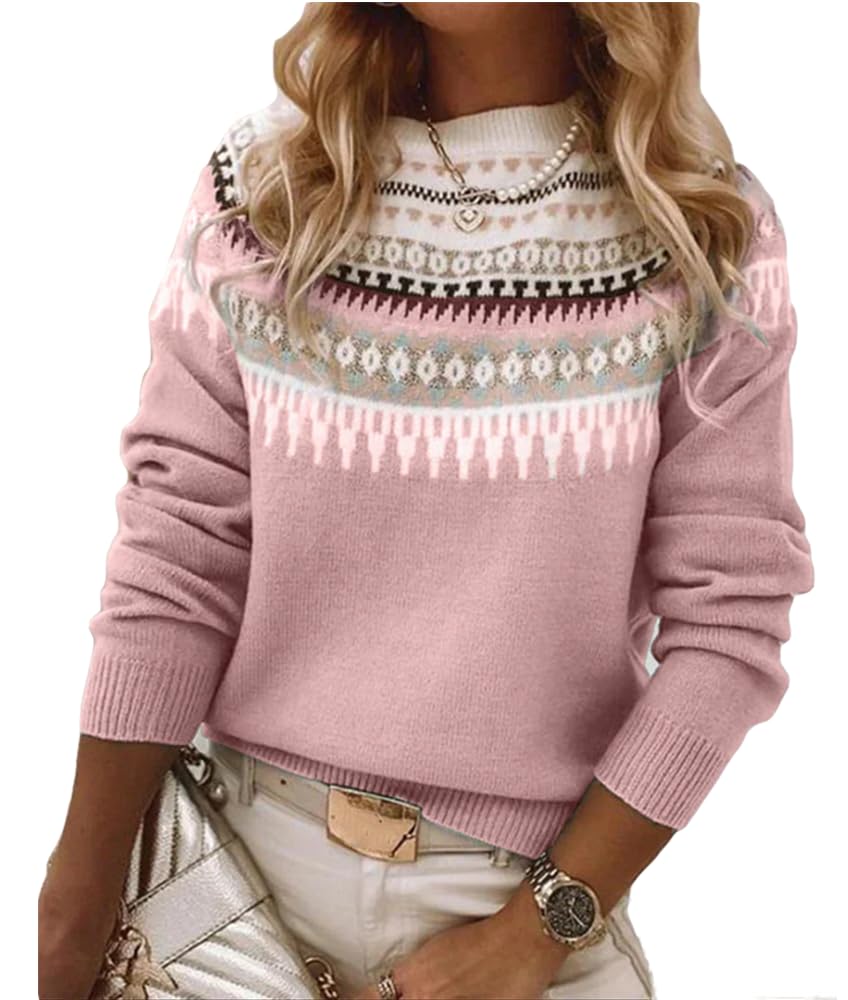 Womens Vintage Fair Isle Knit Sweater 2024 Fall Casual Loose Long Sleeve Crewneck Chunky Knitted Pullover Tops