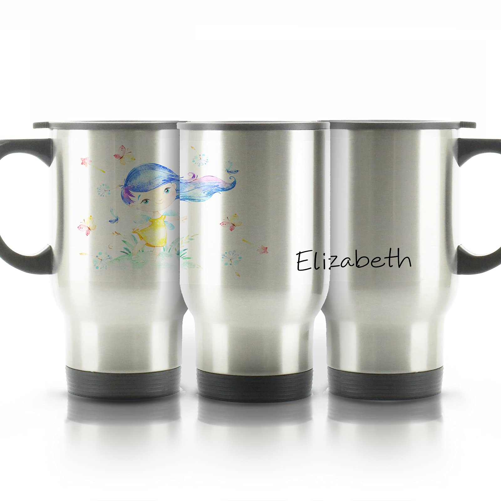 Personalised Travel Mug, 400ml Silver Stainless Steel Travel Mug with Handle, Customised with Initial/Name, Blue Hair Fairy Design Print