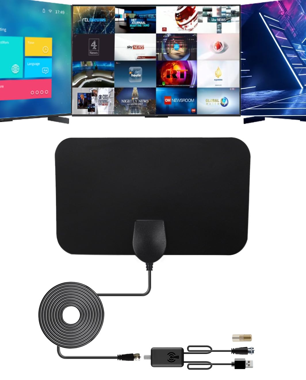 Antenna TV Interna 10dBi HDTV DVB-T2 – Montaggio A Parete, Portata 80 Miglia, Cavo Coassiale RG174 Da 3m, Supporto 1080p - 5