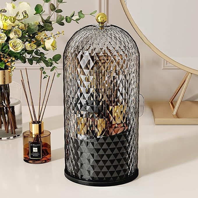 Siehpa3 Makeup Brush Holder Organizer with 360° Rotating Lid Dustproof Makeup Brushes Organizer for Vanity Desktop Bathroom Countertop Clear Cover Easy Visibility (Black)