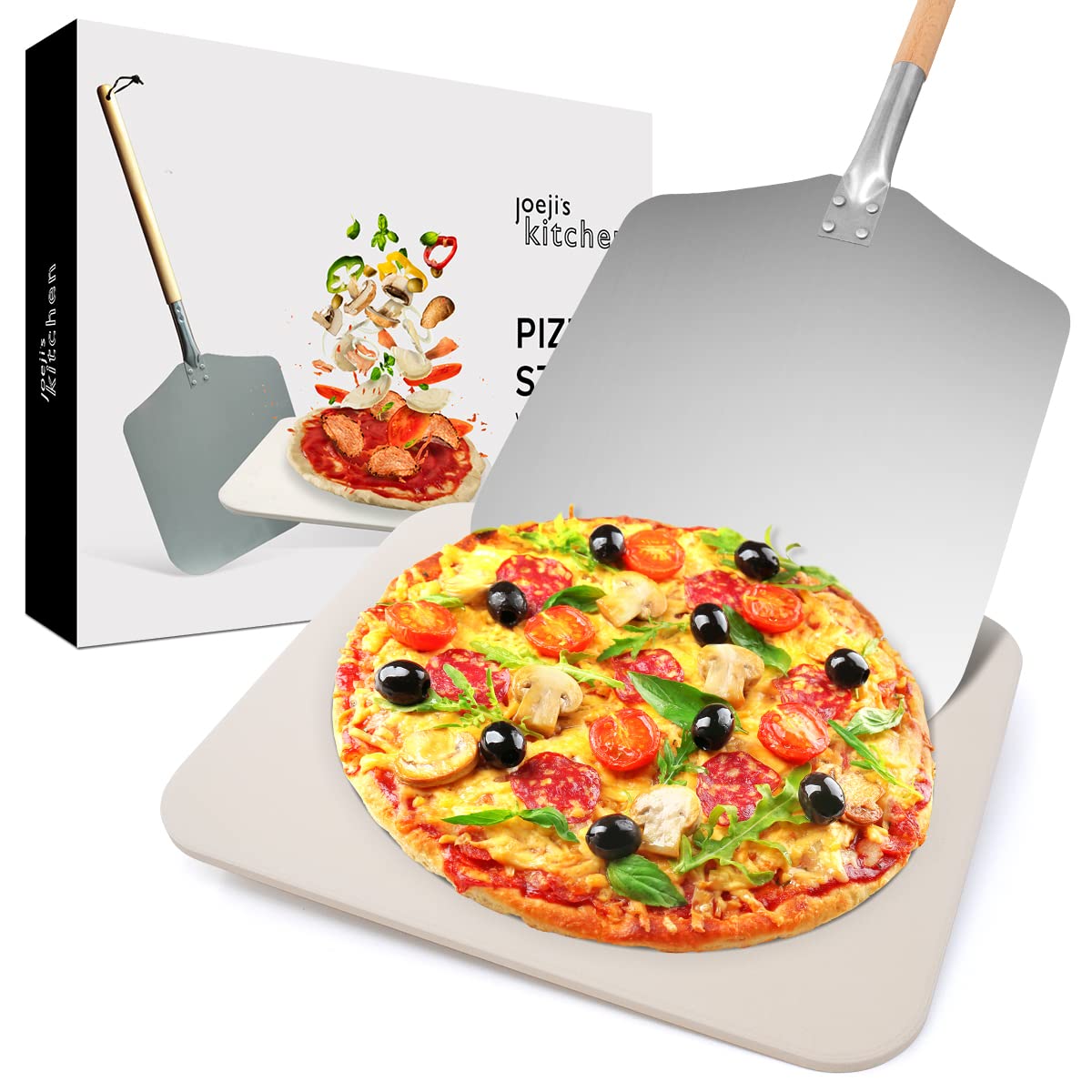 Joeji's Kitchen Autentyczny włoski zestaw do pizzy i łopatki do pizzy | Kamień do pizzy do użytku w piekarniku w domu | kamień do pizzy do grillowania | Prostokątny, 30 cm x 38 cm