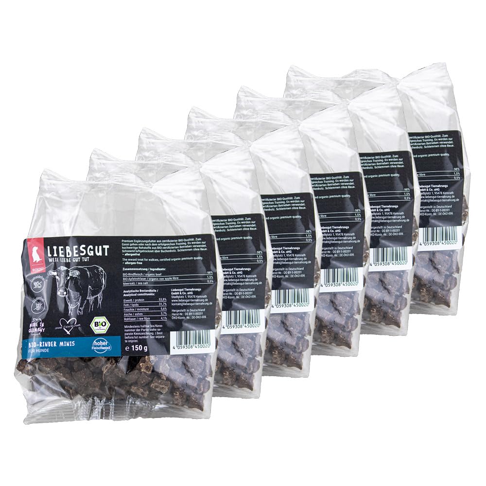 Bio-Rind Minis für Hunde – Bio Hundesnacks, Trainingsleckerlis, getreidefrei, 6x150g, Mindesthaltbarkeitsdatum: 16.07.2026