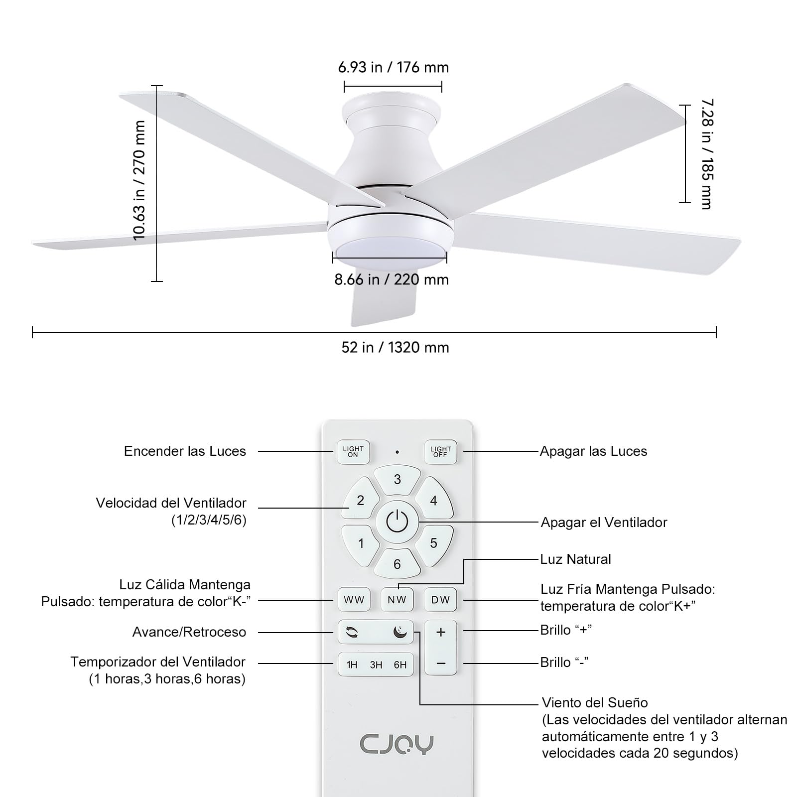 CJOY Ventilador de Techo 132CM, Ventilador de Techo Silencioso Blanco | Madera Ventiladores de Techo con Luz Regulable, 6 Velocidades, 5 Aspas Reversible DC, Para Dormitorio/Salon/Habitación