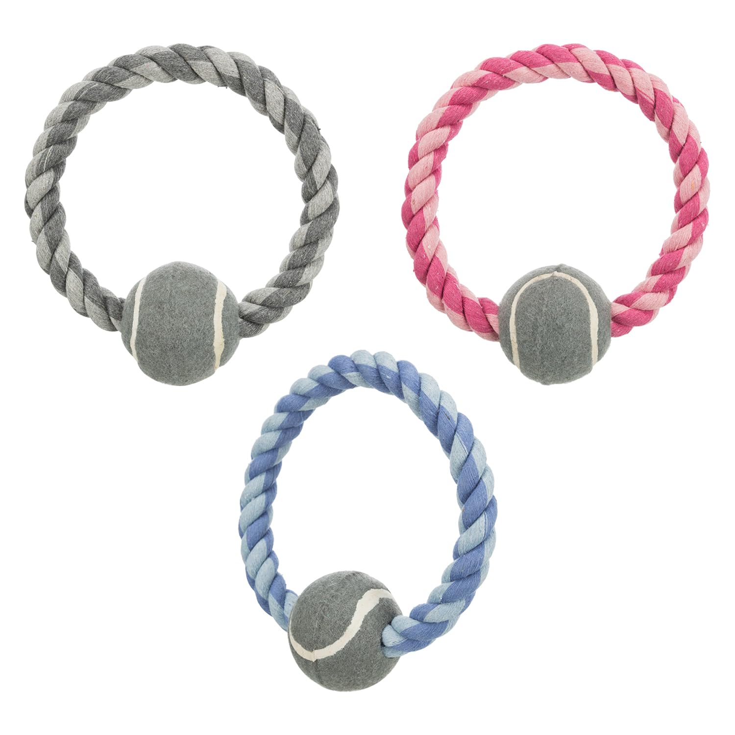 Trixie Pet Playing Ring Rope Toy with Tennis Ball for Dogs, Cotton/Polyester Material, Dog Chew Toy, Interactive Rope Dog Toy, Dental Hygiene (Get Any 1 Color) - 1pc (B09MD6WJ19) Amazon Price History, Amazon Price Tracker