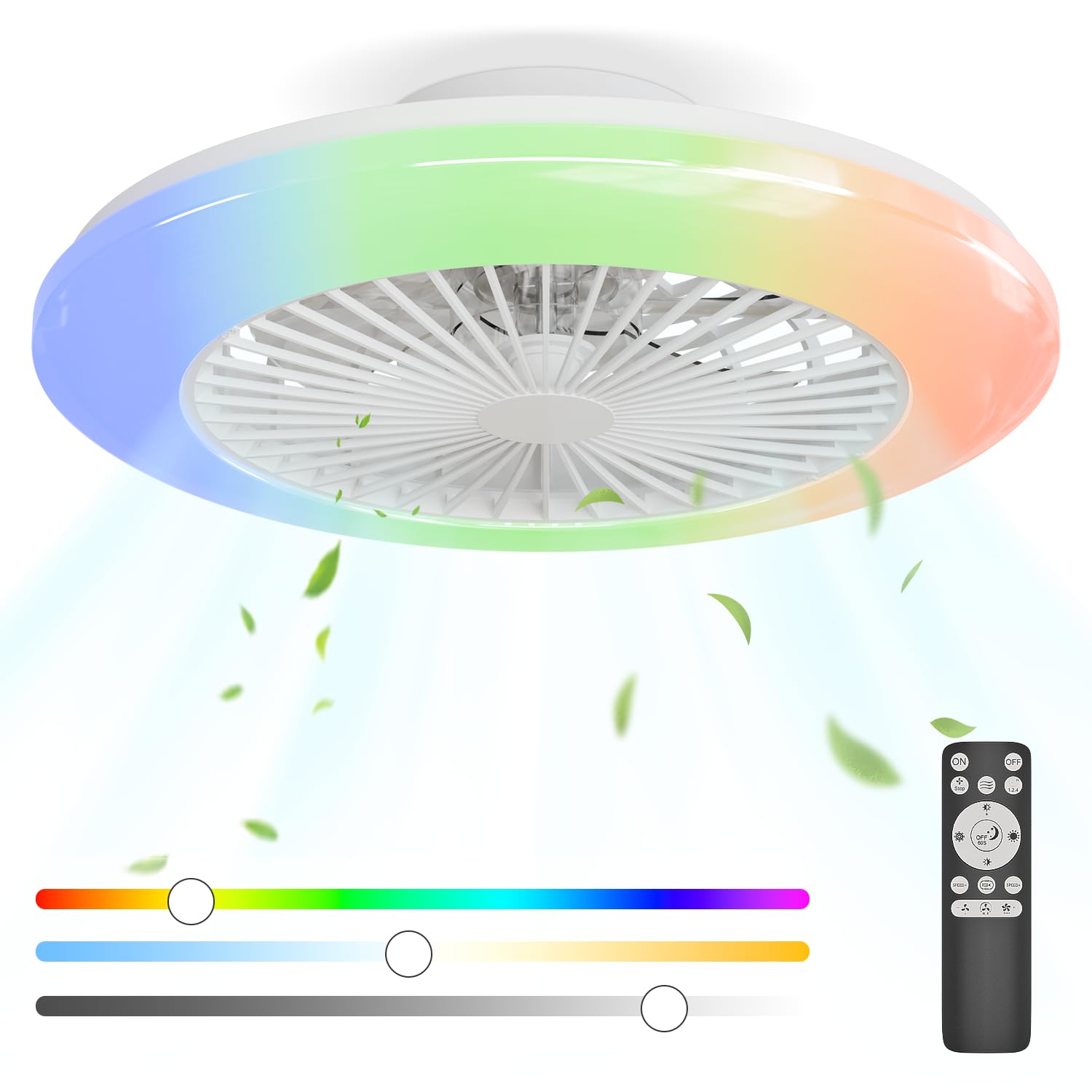 Ventilador de Techo con Luz 48.5CM, Motor DC 20W Reversibles, Ventiladores LED y Control Remoto 6 Velocidades Silencioso Sin Aspas, RGB-3000K-4000K-6500K Regulable, Lampara Dormitorio Temporizador