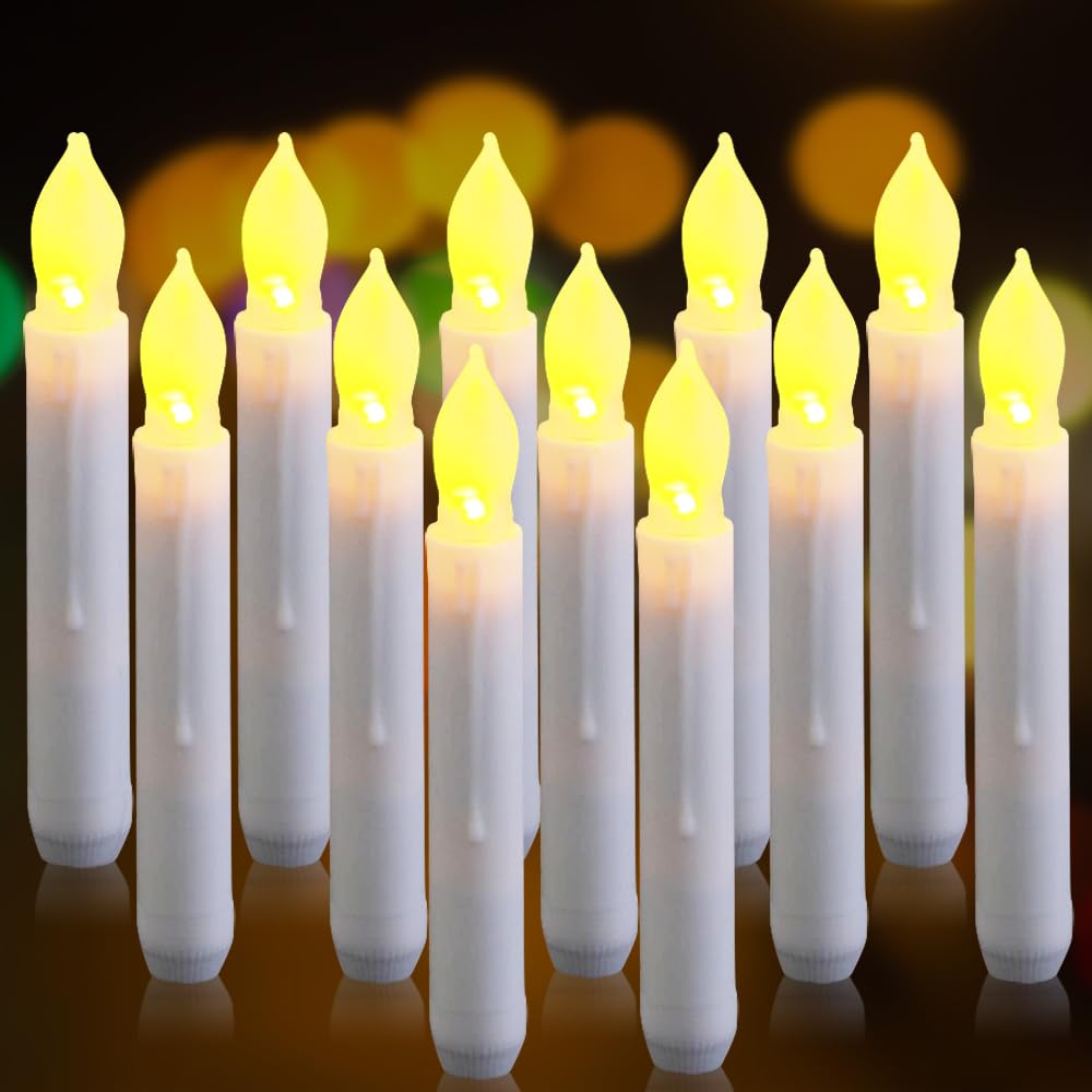 Aoreun LED Stabkerzen, 12 Stück led Kerzen Outdoor, led Wachskerzen, Batteriebetrieben Flackernde Flammenlose Kerzen, Flammenlose Tafelkerzen für Halloween Weihnachten, Warmweiß