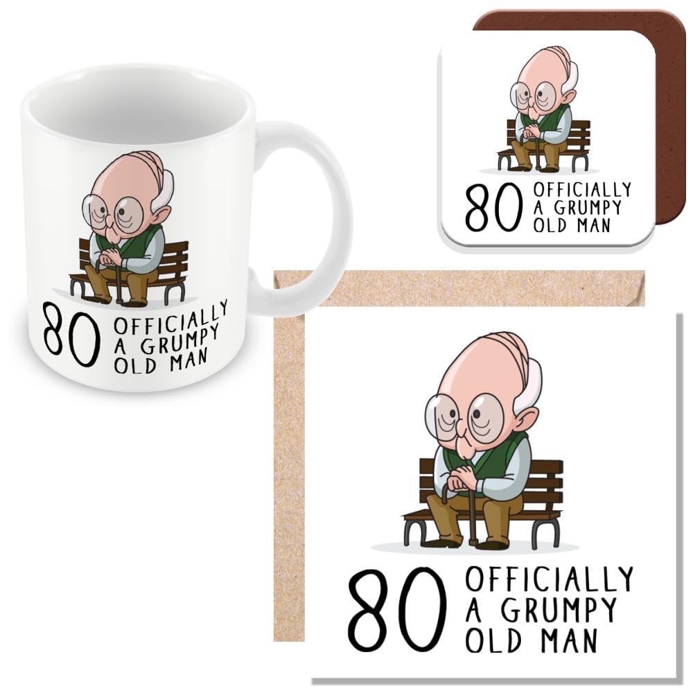 MUGGZ 80th Birthday Gift for Grumpy Old Man - Mug, Card & Coaster - Giftset - Made in The UK