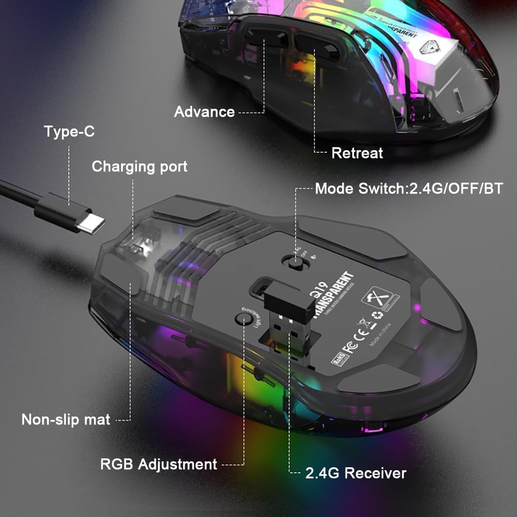 Bluetooth Wireless Mouse,Tri-Mode 2.4G/USB-C, Up to 3600 DPI,Transparent Mechanical Gaming Mouse,Chroma RGB Backlit, Must-Have Cool USB Computer Mouse for Gaming and Esports (Black)