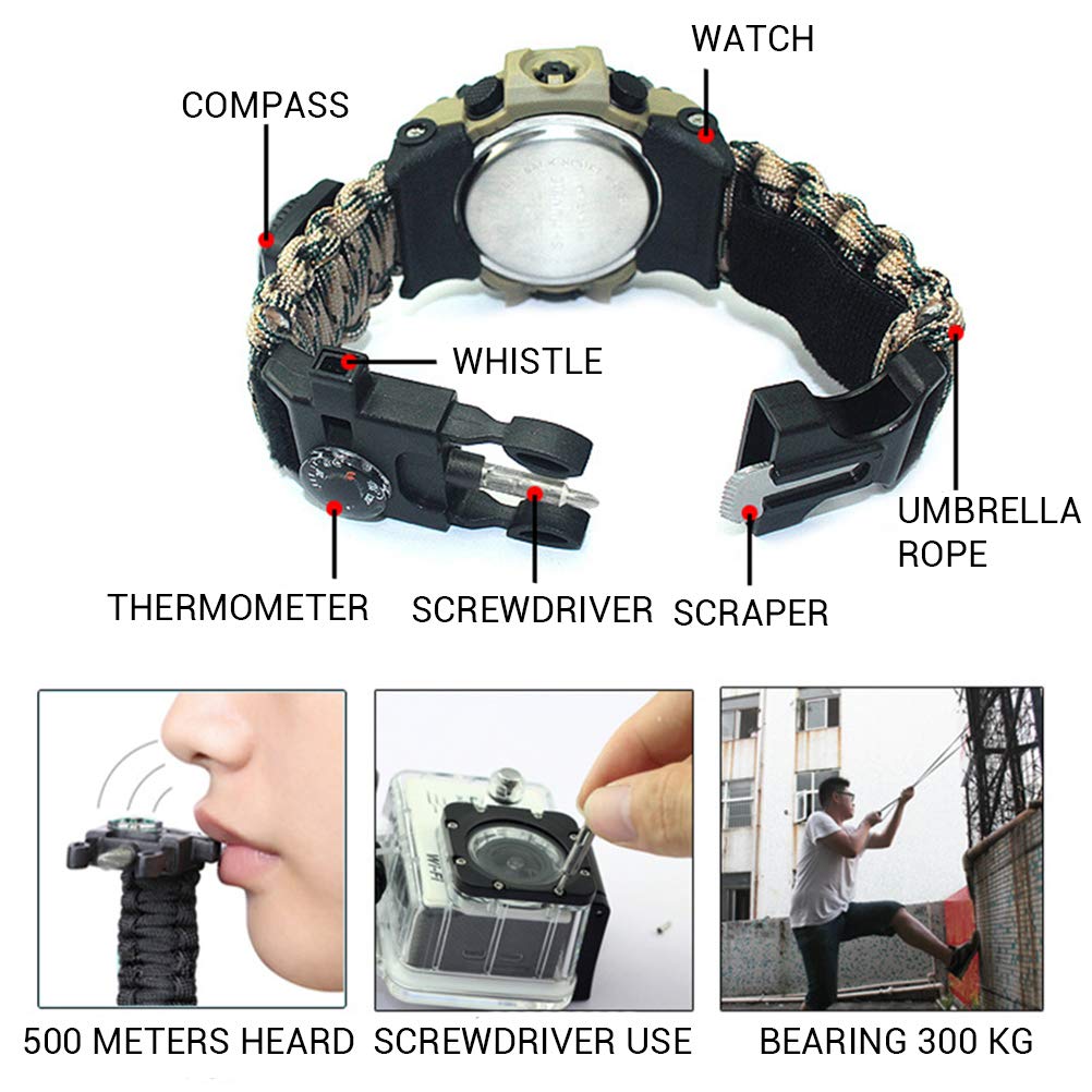 Reloj digital militar de supervivencia, reloj de supervivencia para exteriores, pulsera multifuncional, brújula, silbato, pulsera de paracord, equipo, kit de herramientas