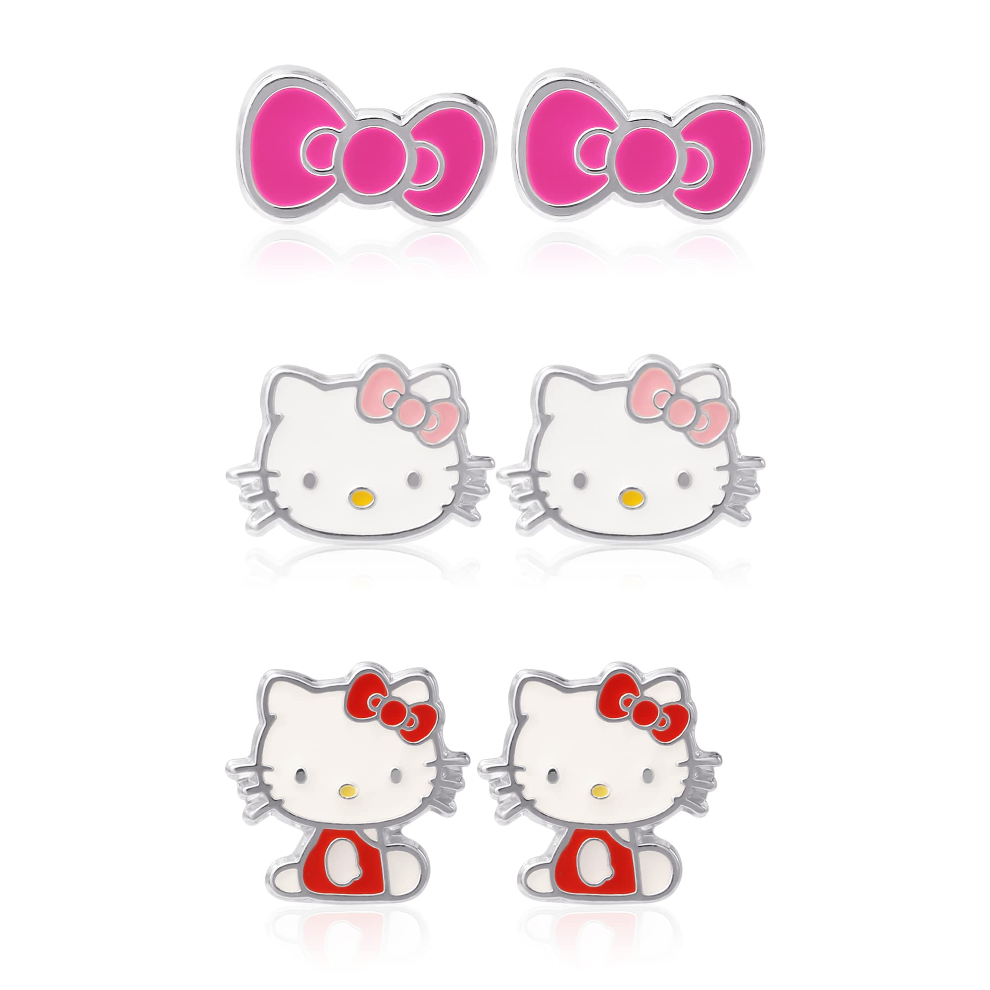 Hello Kitty Silver Plated Stud Earrings Set, 3 Pairs