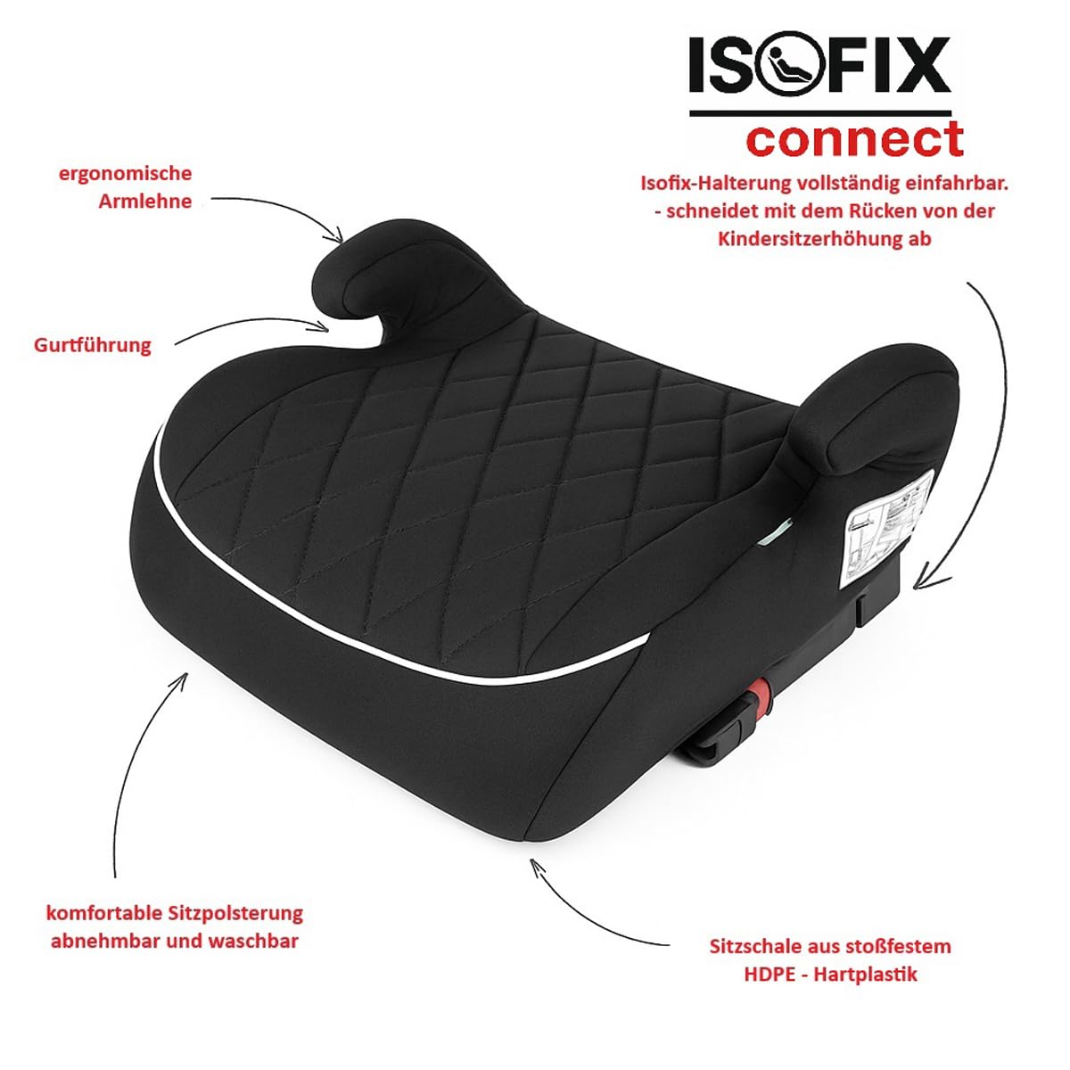 LST Kindersitzerhöhung ISOFIX i-Size ECE R129 125-150cm 15-36kg HDPE Kunststoff ergonomische Armlehnen Gruppe 2&3 Schwarz