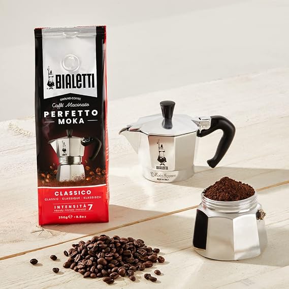 Bialetti 3 Cup Moka Pot and Ground Coffee Bundle 8.8 oz Bag - Italian Medium Roast Rich Barista Style Grounds with a Small Stovetop Espresso Maker Home Brewing Cafe Kitchen Appliance for Daily Use