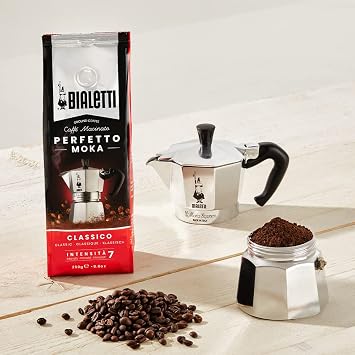 Bialetti 3 Cup Moka Pot and Ground Coffee Bundle 8.8 oz Bag - Italian Medium Roast Rich Barista Style Grounds with a Small Stovetop Espresso Maker Home Brewing Cafe Kitchen Appliance for Daily Use