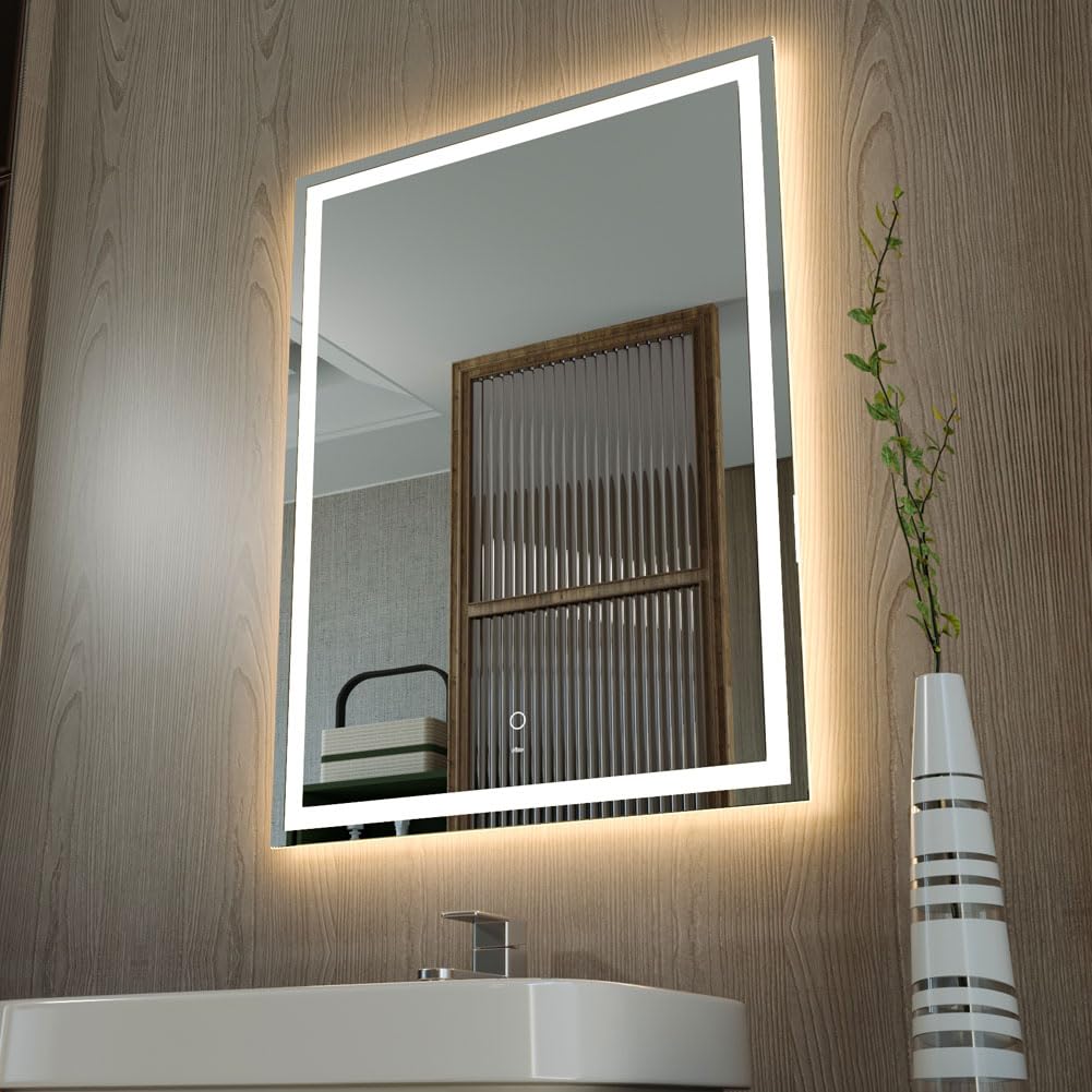 KWW 60 x 80 cm LED Bathroom Mirror, Dimmable Makeup Vanity Mirror IP44 Anti-Fog Horizontal/Vertical Wall Mounted