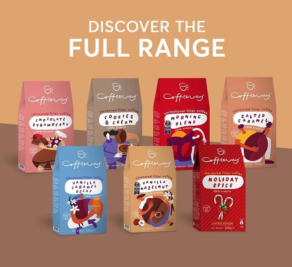 Coffeeway Caffè macinato aromatizzato con biscotti e panna, 800 g (4 x 200 g) - Eccezionale caffè macinato, sapientemente tostato, chicchi Arabica Premium, senza glutine, ipocalorici, senza zucchero,