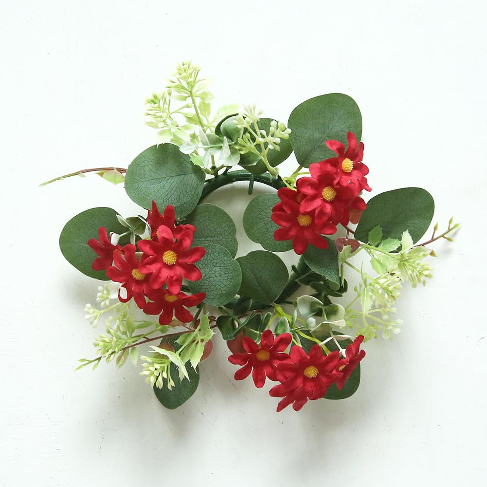 2 Pack Artificial Daisy Eucalyptus Candle Rings Wreaths 3 Inch Center Small Boho Garland for 3'' Wide Pillar Candles Easter Spring Summer Party