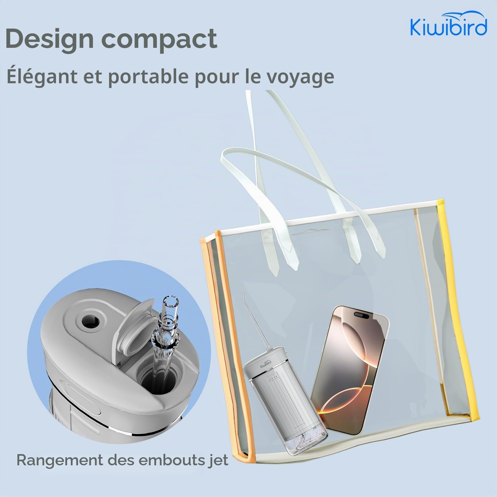 KIWIBIRD Mini hydropulseur pour voyage, irrigateur buccal sans fil ultra-portable avec lumière UVC, étanchéité IPX8, 3 modes, nettoyeur de dents de 230 ml pour soins des pierres amygdales et des