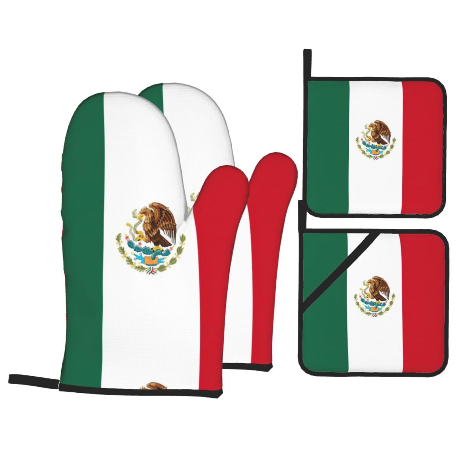 Flag Of Mexico Print Kitchen Oven Mitts And Pot Holders Set,Hanging Loop Design For Cooking Baking Bbq