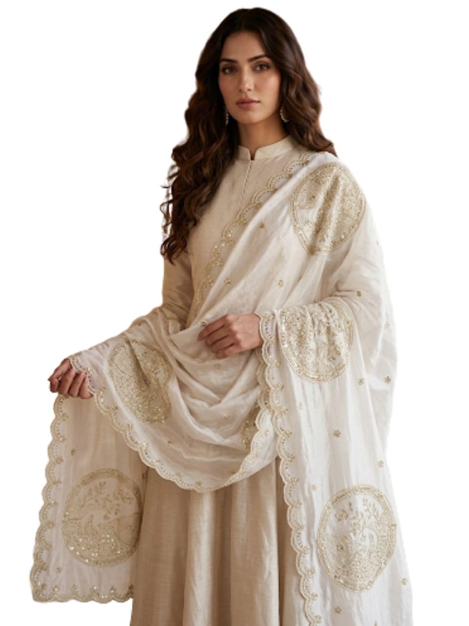dupatta bazaar Women's Embroidered Soft Shimmer Tissue Silk Dupatta with Zardozi Ethnic Motifs | Lightweight Festive Dupatta for Kurti, Suit and Lehenga | Embellished Border, Free Size (Off-White)-picture-42