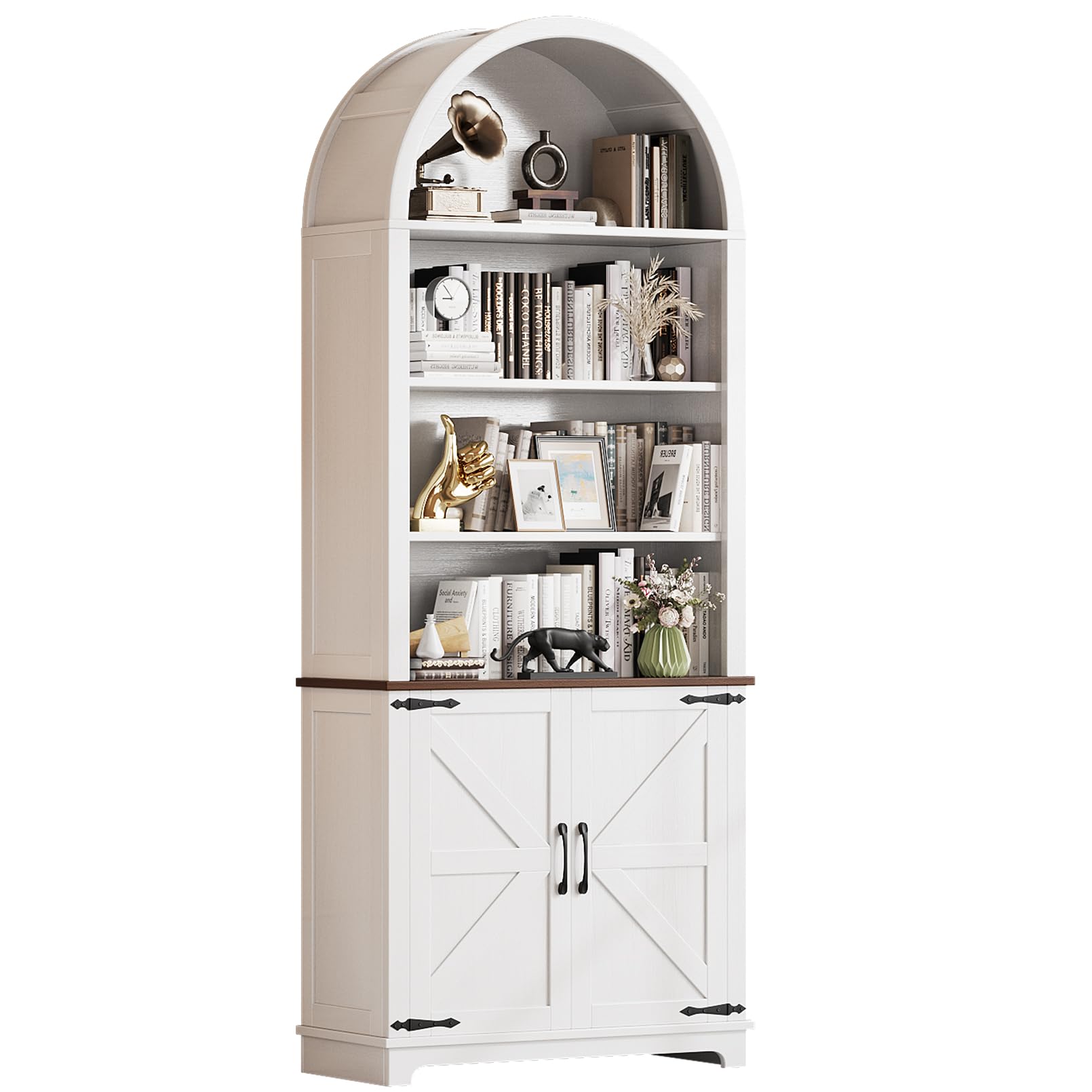 Vividwood 6-Tier Farmhouse Arched Bookcase with Doors, 70" Tall Wood Bookshelf with Storage,Open Shelves for Living Room or Office, White