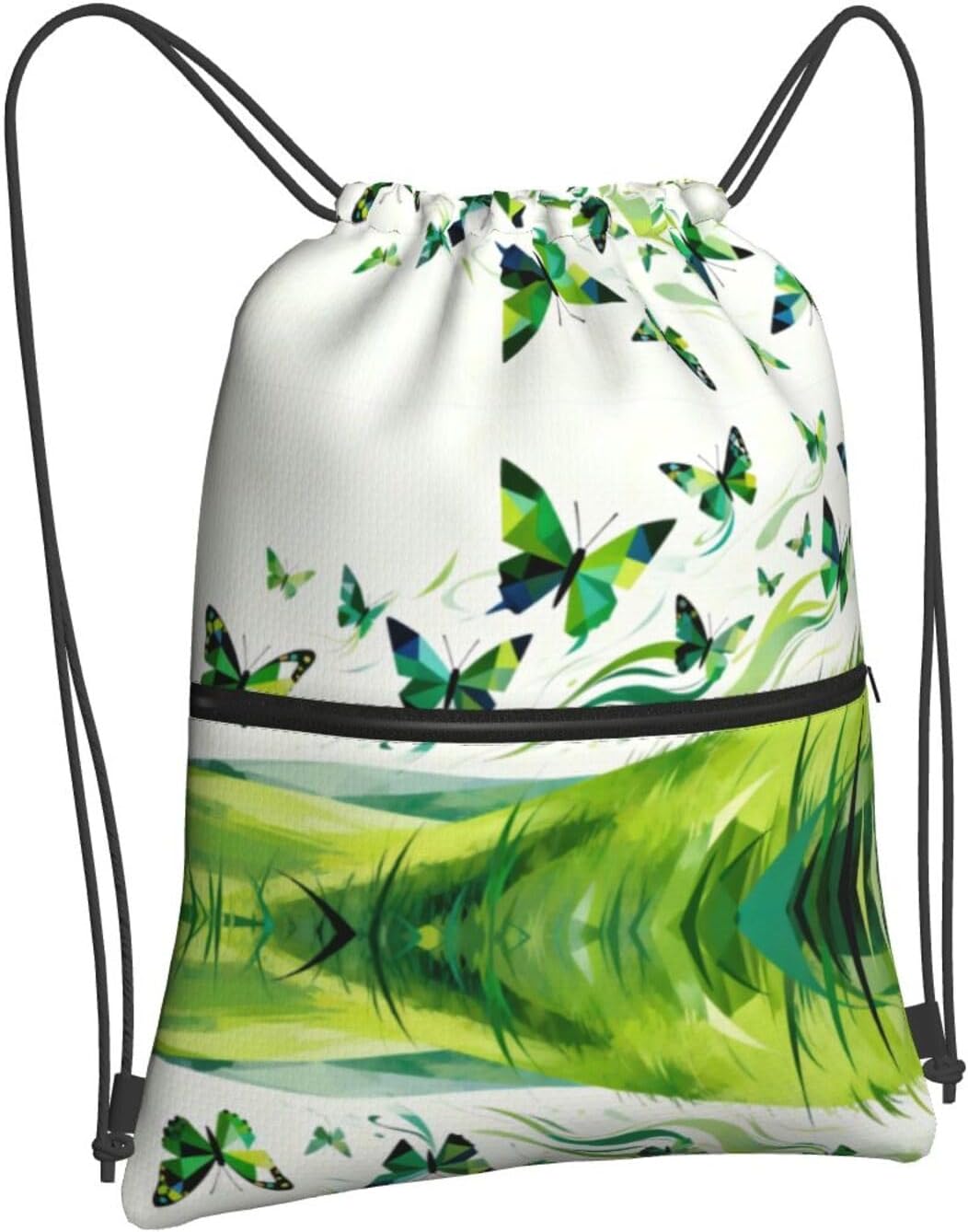 Green Butterflies Print Drawstring Gym Bag, Stylish Sports Bag Unisex, Yoga Bag and Travel Drawstring Bag