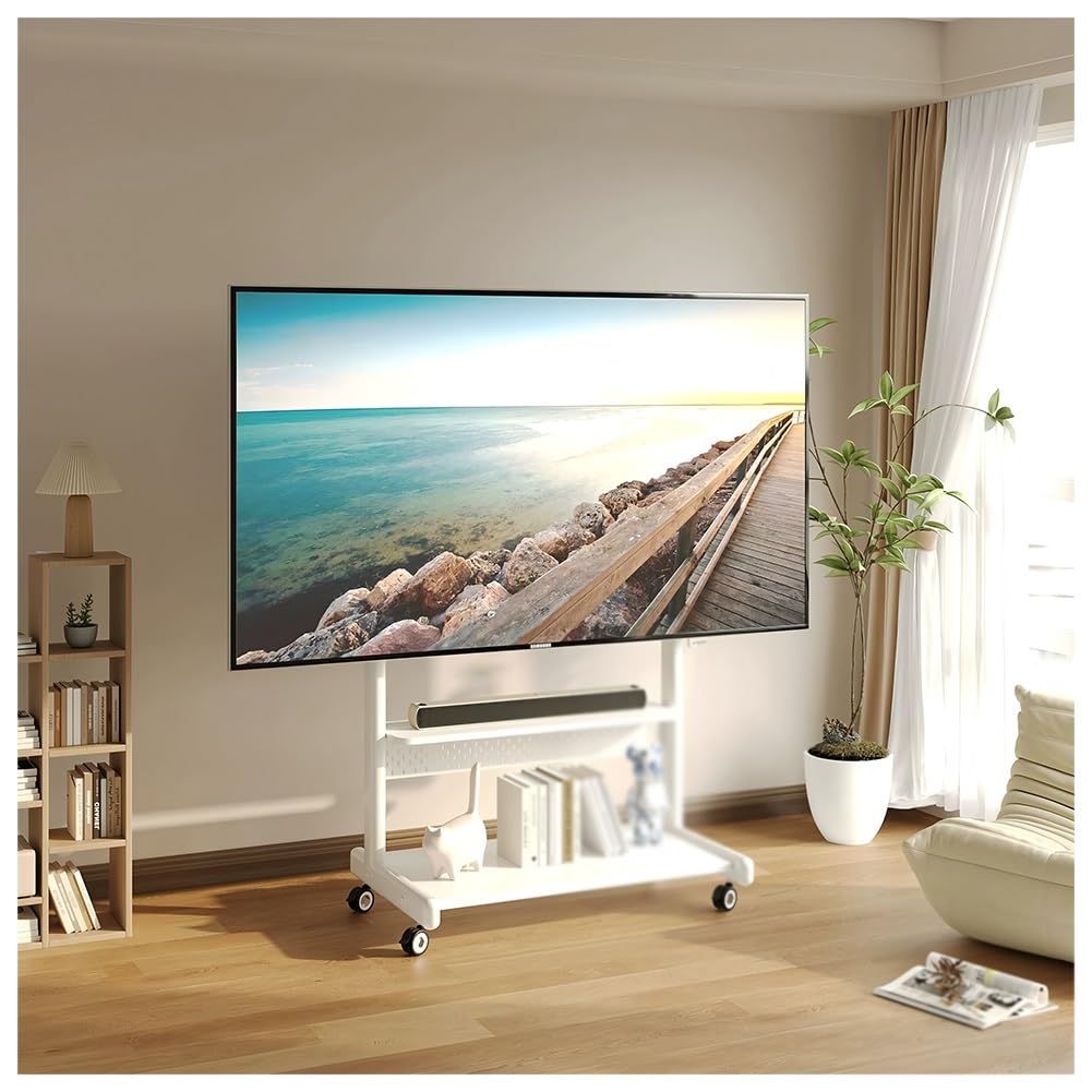 JKJZSALJ Swivel Mobile Tv Stand On Wheels With Hand Crank Infinitely Adjustable Height, Portable Rolling Tv Stand, Rolling Tv Cart For Living Room & Bedroom,White,85X48X122 CM