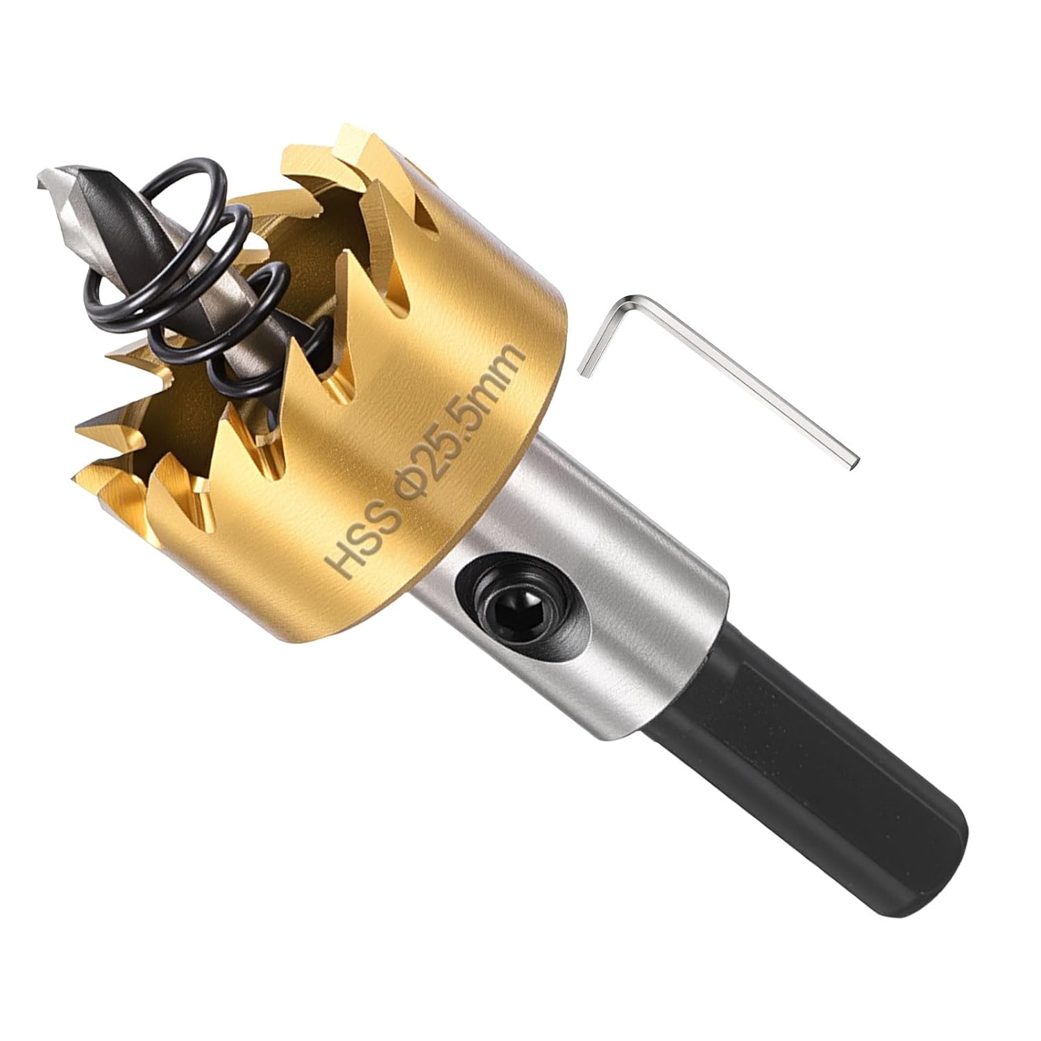 METALLIXITY Hole Saw 25.5mm (1"), M35 High Speed Steel Hole Cutter with Center Drill Bit, Hex Key and Spring - for Thin Stainless Steel Metal Plates. Gold