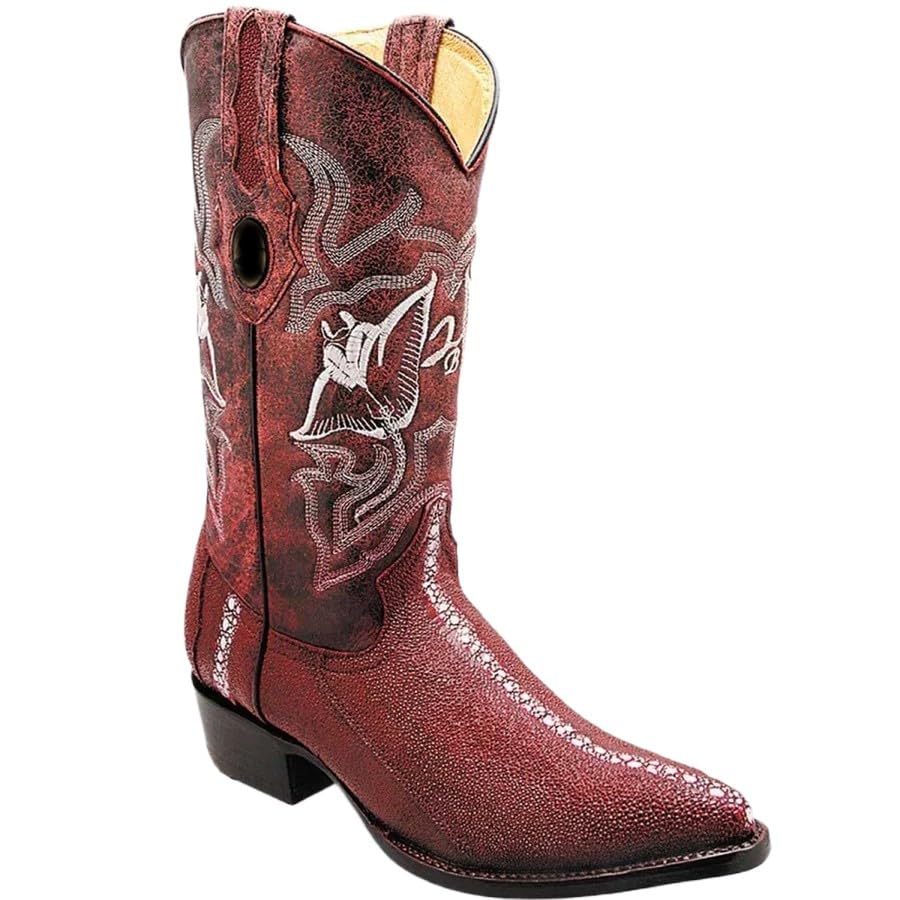 Men’s Genuine Leather Exotic Rowstone Stingray Print J-Toe Cowboy Western Boots - Burgundy