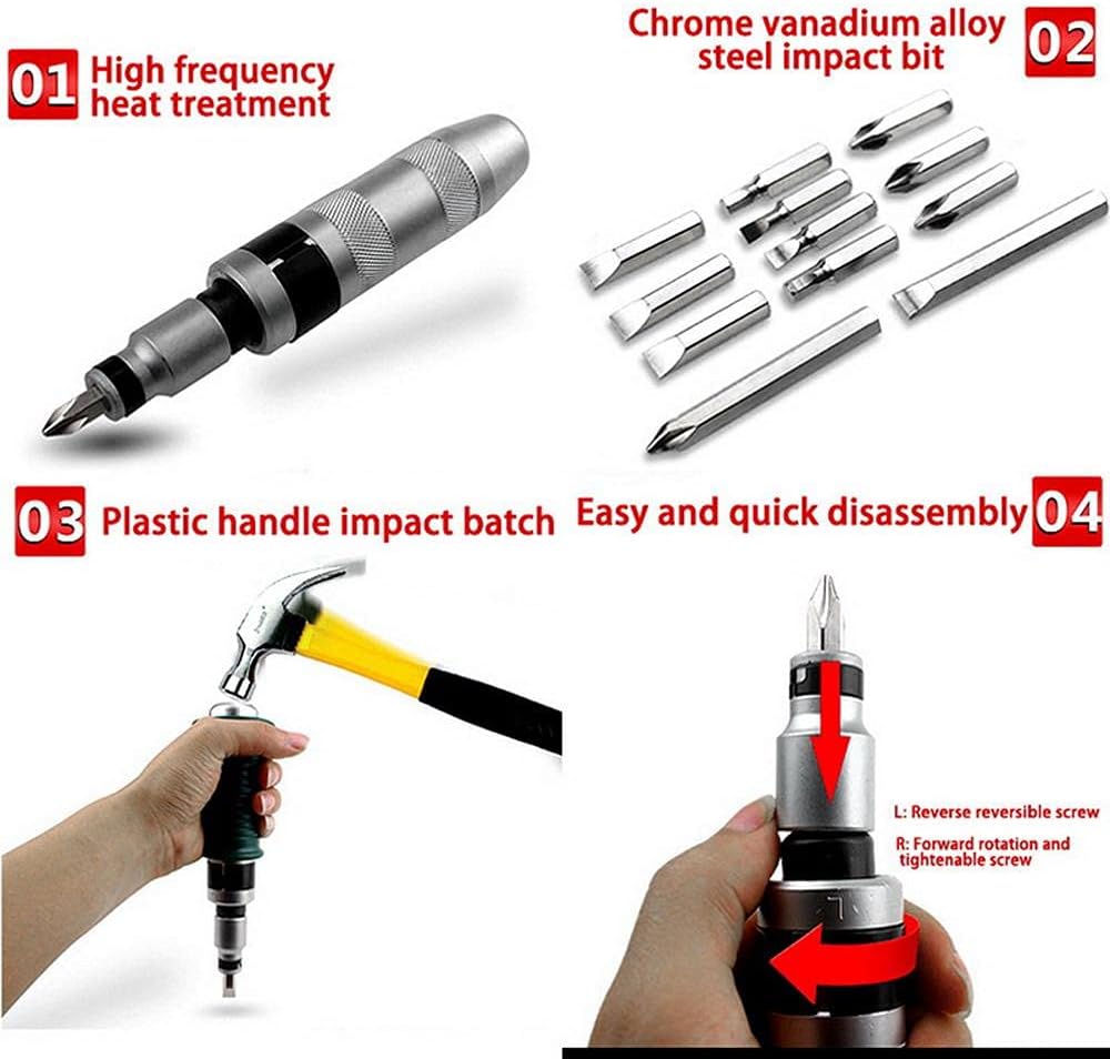 Jadeshay Impact Screwdriver Set, 13 Piece Chromium-Vanadium Steel Shock Resistant Manual Reversible Tools with Durable Screw Extractor Bits