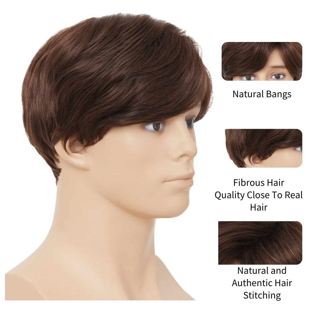 Salaibs Mens Short Brown Wigs Synthetic Side Part Natural Hair Wigs for Male Guy Daily Party Cap Wig (Brown) - Image 4