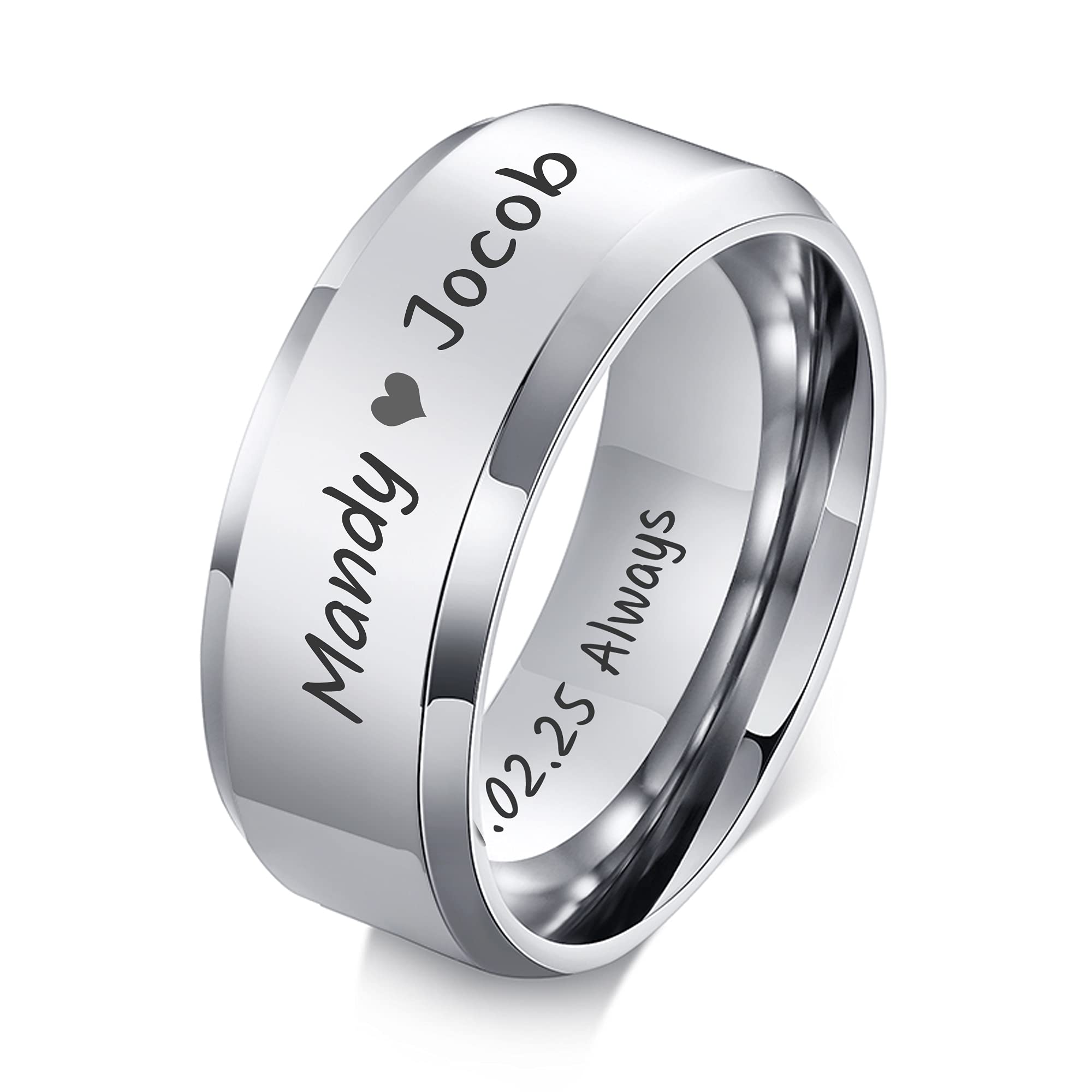 VNOX Customize Personalized Name Date Stainless Steel Simple Polished Finish Wedding Band Engagement Rings for Men Women,Size 6