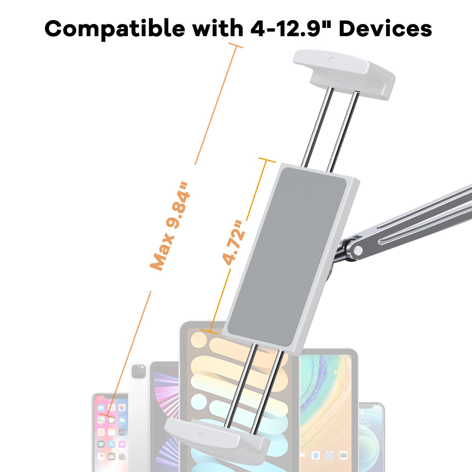 Supporto per tablet da scrivania, supporto regolabile per tablet con supporto a morsetto, supporto in alluminio girevole a 360° per iPad, compatibile con dispositivi da 4 a 12,9 pollici, adatto