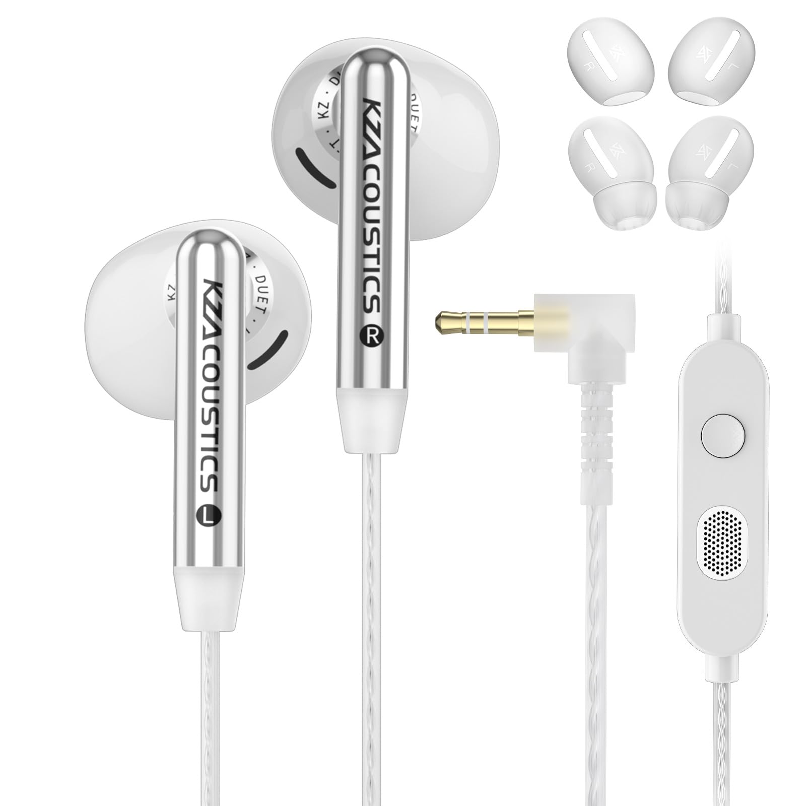 KZA COUSTICS KZ Duet In Ear słuchawki przewodowe, podwójne sterowniki dynamiczne, słuchawki gamingowe, słuchawki basowe HiFi, mikrofon z redukcją szumów, posrebrzany kabel, do PC, konsoli, urządzeń